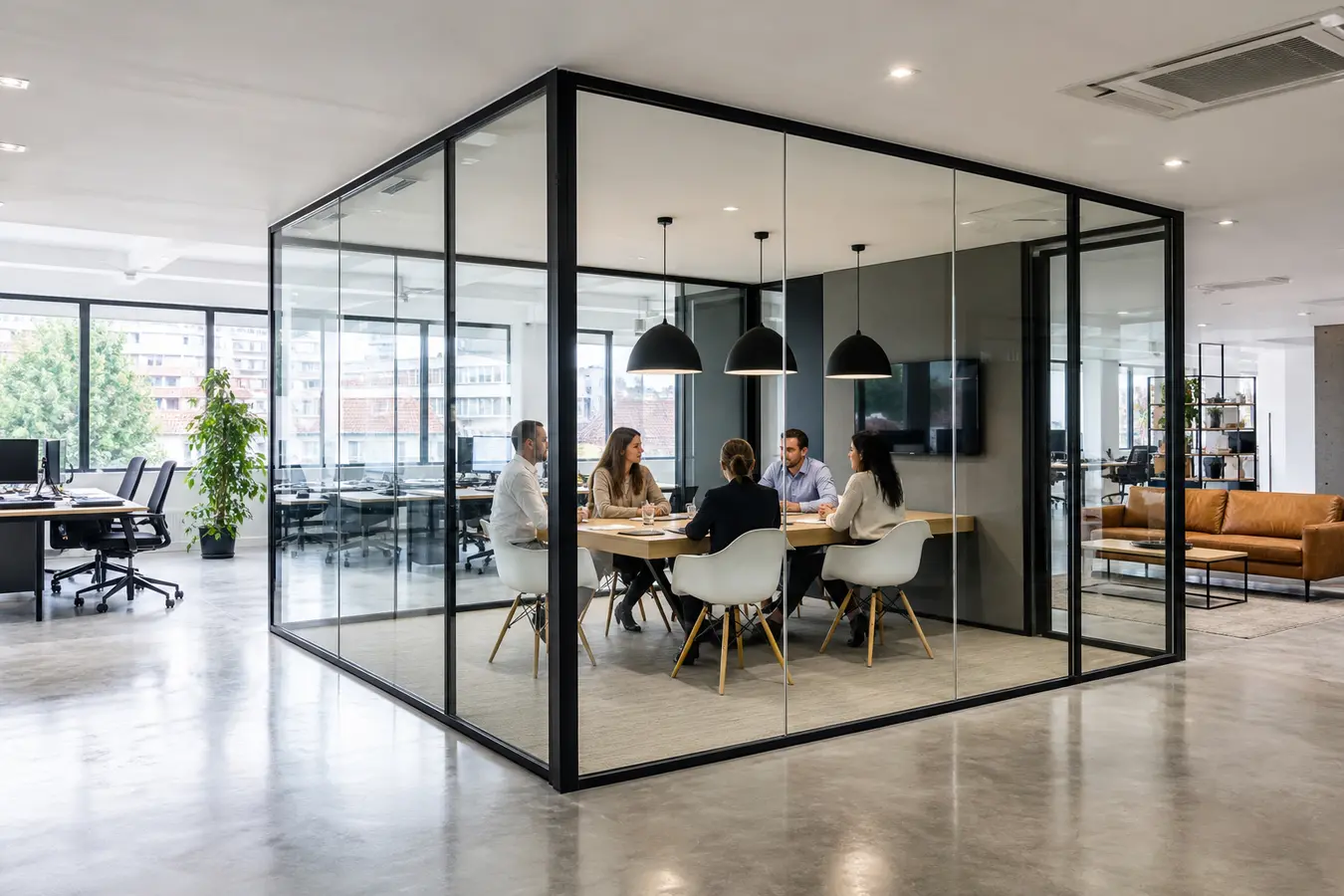 Salle de réunion en Île-de-France, cloison vitrée PDLC transparente, vue sur l'open space