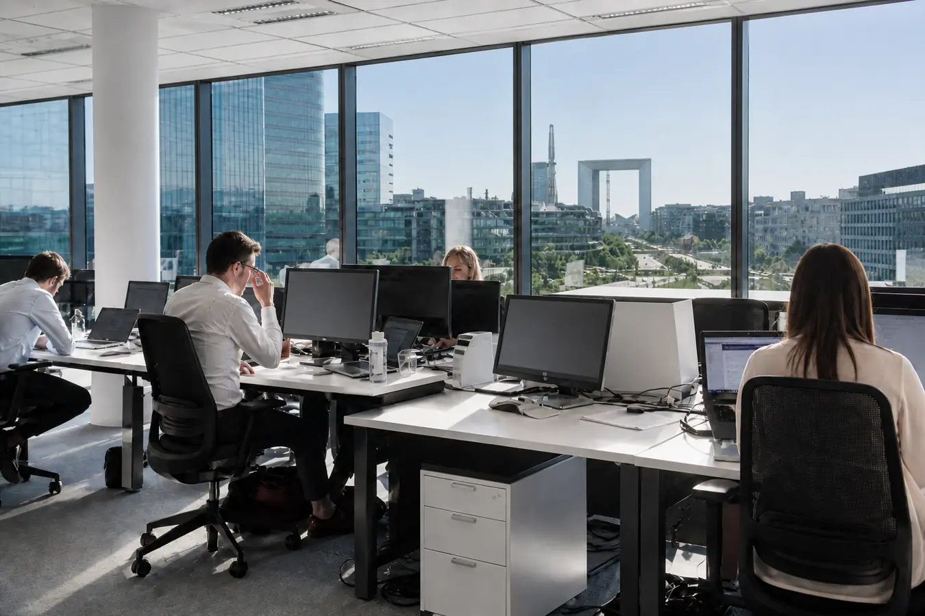 Open space de bureaux en Île-de-France après pose de film solaire anti-chaleur, lumière adoucie