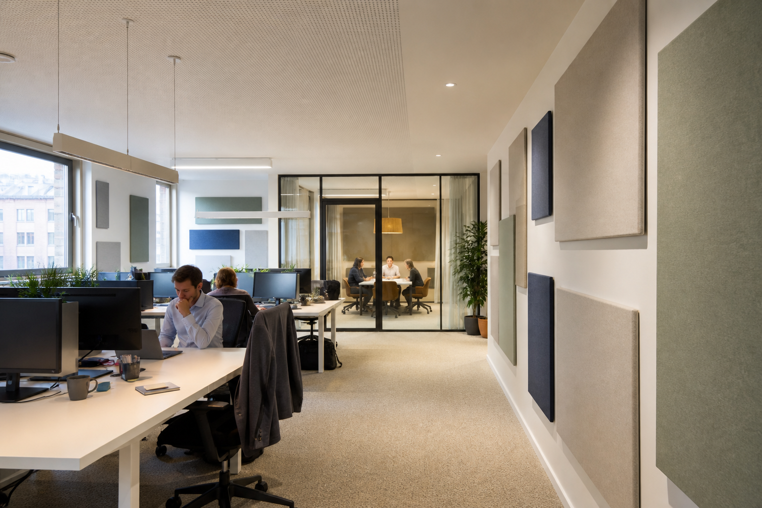 Panneaux d'isolation phonique dans des bureaux franciliens